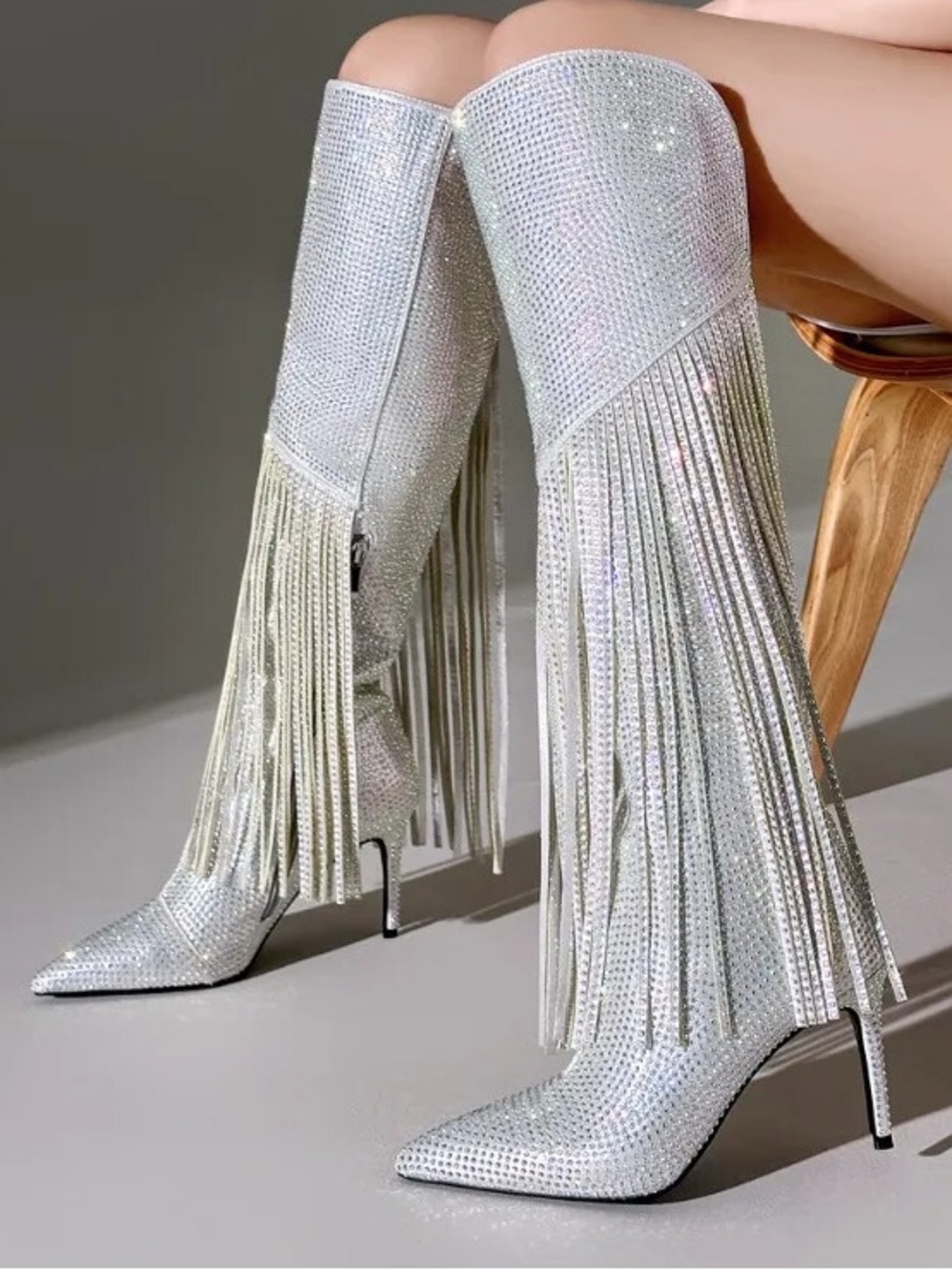 Silver Rhinestone Fringe high Stiletto Boots - Picture 1 of 9